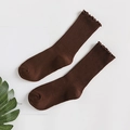 Elegant dark brown ribbed mid-calf socks for women with vintage lettuce edge trim - One Size / Coffee