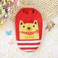 Rote Strickweste für Haustiere mit gelbem Cartoon-Welpenmotiv und Streifensaum für Hunde - XS / Shiba Rot