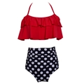 Red ruffle top and high-waisted black polka dot bikini set for women - S / Red