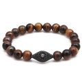 Natural tiger's eye beaded bracelet with a black zircon evil eye charm in gold plating - Tiger Eye Stone Bracelet