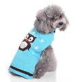 Sky blue dog knit sweater with brown owl pattern and white snowflakes for winter - Sky Blue Owl
