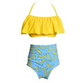 Two-piece bikini with yellow ruffle halter top and high-waisted blue banana print bottoms - S / Yellow