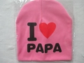 Pink knitted baby beanie with I Love Papa heart print and star pattern design - I Love Dad / Rose Red