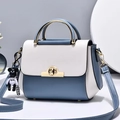 Blue and white color block crossbody bag for women with golden twist lock and bear charm - Blue (Lock Style)