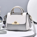 Détail du sac bandoulière gris et blanc avec poignée ronde dorée et pendentif ours - Gris (Style Serrure)