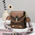 Vintage brown leather crossbody bag with logo canvas and pink fabric shoulder strap - Brown