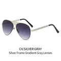 Classic silver aviator sunglasses with gradient gray lenses and striped temple details - Silver Frame Double Grey Lens