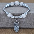 Bracelet extensible bohème en howlite blanche avec pendentif hibou en argent vieilli - B1458 Blanc Style Pendentif Hibou