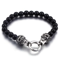 Men's punk beaded bracelet with black polished stones and silver skull accents - 8mm 22cm Silver Bracelet (KB81842-BD)