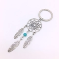 Silver alloy dreamcatcher keychain with green turquoise bead and metal feathers - Blue Turquoise Style