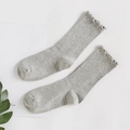 Cute grey cotton crew socks for women featuring ribbed texture and ruffled lace edges - One Size / Light Gray