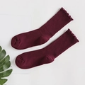 Vintage dark red ribbed socks with elegant frill trim and soft cotton texture - One Size / Burgundy