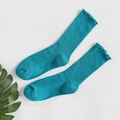 Vintage lake blue mid-calf socks featuring delicate ruffled cuffs and ribbed knit texture - One Size / Blue