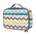 Detail van de blauwe Oxford lunchtas met zigzagpatroon en dubbele metalen ritsen - Kleurrijke Golf