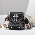 Black leather crossbody bag with jacquard pattern and golden bird pearl tassel - Black