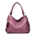 Litchi pattern purple soft leather shoulder bag with V-shaped stitching and tassel decor - Purple