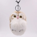 Cute beige and white faux fur owl keychain with silver lobster clasp and metal ring - Khaki