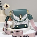 Dark green and beige crossbody bag with geometric pattern and wide pink logo strap - Green