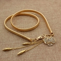 Elastic gold metal belt with rhinestone owl buckle and elegant fringe details - Rhinestone Owl with Tassels