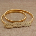 Elastic gold leaf metal waist belt with delicate leaf buckle and snake chain texture - Gold Triple Overlapping Leaves