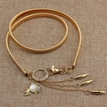 Golden elastic waist chain with leaf detail, pearl fish charm, and rhinestone tassels - Gold Fish with Rhinestone Tassels