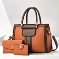 Three-piece leather handbag set in orange and brown contrast with pebble texture - Three-Piece Set / 28cm x 14cm x 21cm / Earthy Yellow