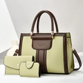 Three-piece tote bag set in light green and brown leather with elegant gold hardware - Three-Piece Set / 28cm x 14cm x 21cm / Green