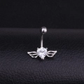 Polished stainless steel belly ring featuring heart-shaped zircon and angel wings design - Silver