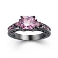 Square pink zircon black gold ring with S925 silver band and side accent diamonds - Black Gold & Pink
