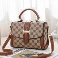 Borsa a tracolla vintage in pelle marrone con tessuto a quadri beige e fibbia dorata - Cachi e Giallo Terra