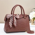 Elegant brown crocodile pattern tote bag with decorative silk scarf and gold hardware - Brown