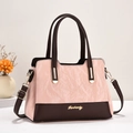Detail van roze en bruine leren crossbodytas met gouden hardware en Danbaoly-logo - Roze