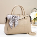 Elegant beige stone patterned bucket bag with silk scarf and adjustable strap - Khaki