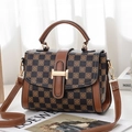 Borsa a tracolla a scacchi con fiori arancioni e fibbia a H in metallo dorato - Caffè/Ocra