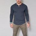 Men's slim fit navy blue long sleeve Henley shirt with three-button neckline and curved hem - S / Tops / Gray