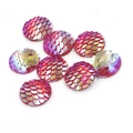 Detailed view of 16mm pink and green round resin fish scale cabochons with iridescent texture - Pink Yellow Green Holographic (HA024-6)
