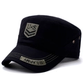 Men's black cotton flat top army cap with U.S. embroidery and breathable metal eyelets - Adjustable / Black