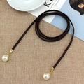 Dark brown braided waist chain with cream faux pearls and gold rhinestone details - Coffee