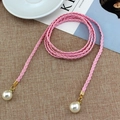 Pink braided rope waist chain with gold metal clasps and elegant white faux pearls - Pink