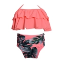 Zweiteiliger korallrosa Kinder-Bikini mit Rüschentop und tropischem Blattmuster-Unterteil - 104 / Orange Oberteil mit Tropenblatt-Unterteil