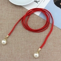 Braided red fashion waist chain for women with white pearls and gold metal accents - Red