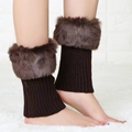Faux fur trimmed dark brown ribbed knit leg warmers for women winter boot covers - Coffee