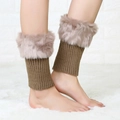 Short faux fur trim knit leg warmers in brown and pink for winter warmth - Khaki