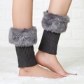 Detail of grey faux fur knitted leg warmers showing soft plush texture and ribbed knit - Dark Gray