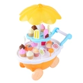 Vue détaillée du chariot de glace pour enfants avec divers aliments factices et parasol - Camion de Glace Jaune