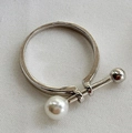 S925 sterling silver matchstick open ring with white pearl and polished metallic bead - Horizontal Bar Pearl Style