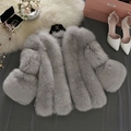 Short faux fox fur coat in grey with horizontal paneling and three-quarter sleeves - S / Gray
