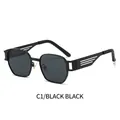 Retro punk square sunglasses featuring a black frame with grey lenses and cutout temples - Black Frame Black Grey Lens