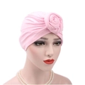 Detailed close-up of a pink cotton turban hat featuring a decorative rose flower knot - One Size(Adjustable) / Bright Pink
