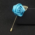 Elegant blue satin rose brooch pin with golden metal leaf for men's formal suit jacket - Teal